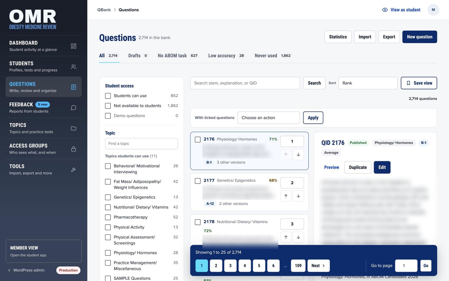 QBank admin question list with filters, accuracy per question and a preview panel; question text is blurred