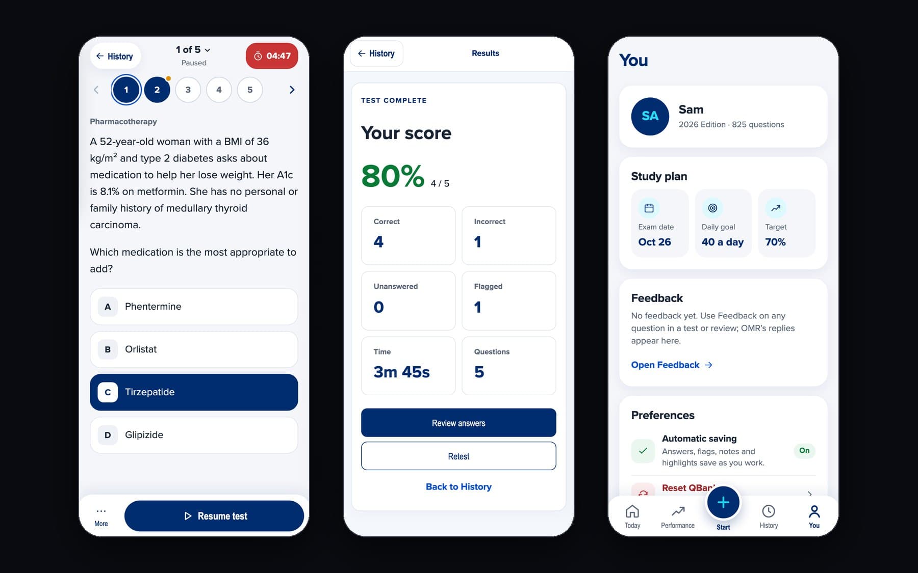 QBank on a phone: a paused timed test, results, and the You screen