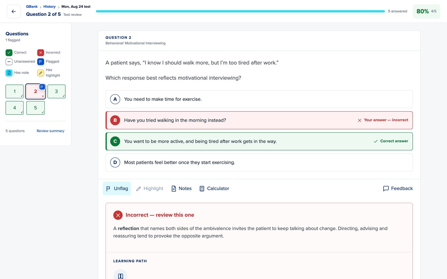 Reviewing a QBank test: a wrong answer next to the correct one, with the explanation