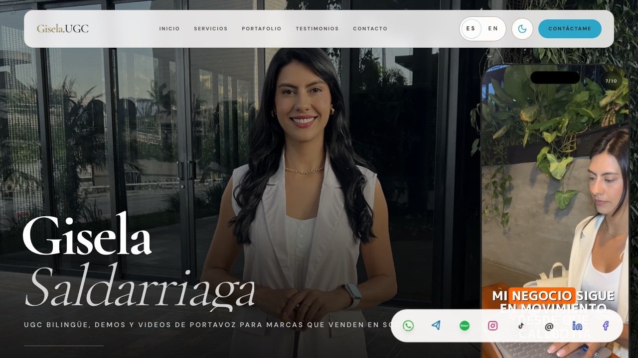 Página de inicio de GiseUGC en español: el retrato de Gisela, su nombre y un reel de video vertical